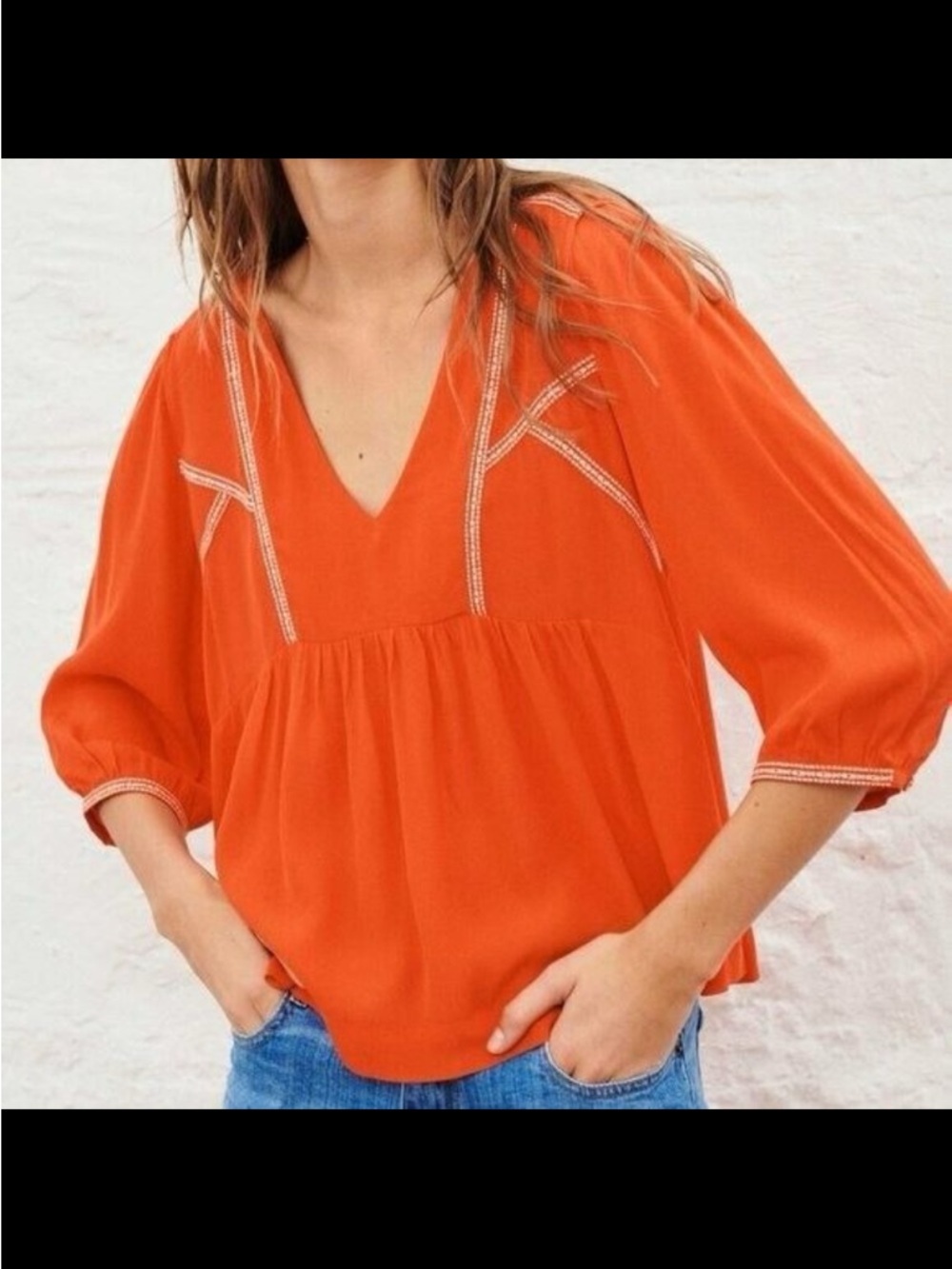 ba&sh Amber Empire Line Embroidered Blouse Red Orange Size 3 US 8